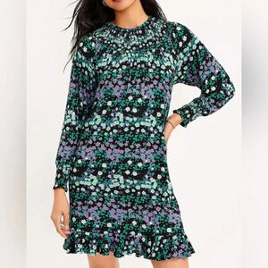 Loft Flowered Dress with smocked neck and cuffs- black/purple/turquoise-L
